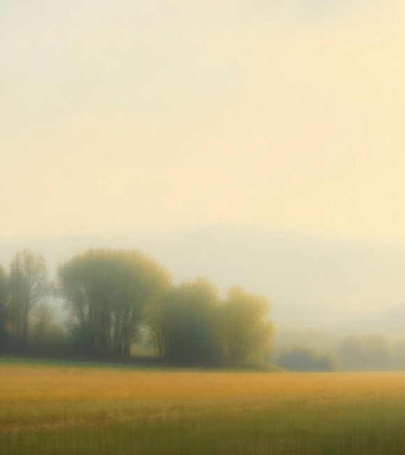 Soft golden atmospheric landscape with quiet field and trees